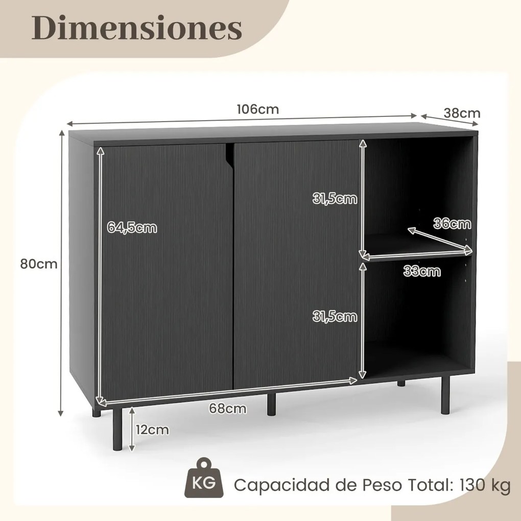 Aparador, Armário moderno para cozinha 106 x 38 x 80 cm com 2 portas e prateleira Preto