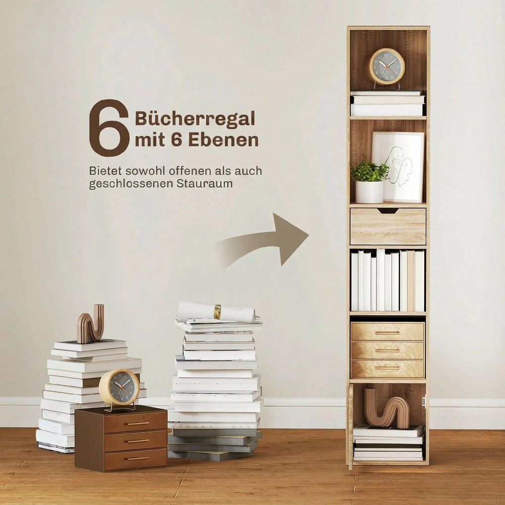 Biblioteca, estante para livros 30 x 24 x 158 cm, móvel de arrumação com gaveta, armário e compartimentos abertos, cor natural
