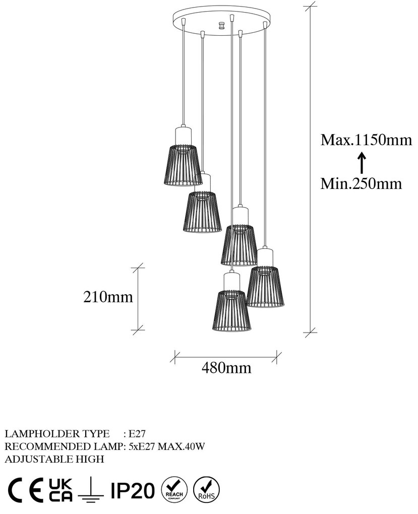 Chandelier Kemtel – Dourado Brilhante – 48 x 48 x 115 cm