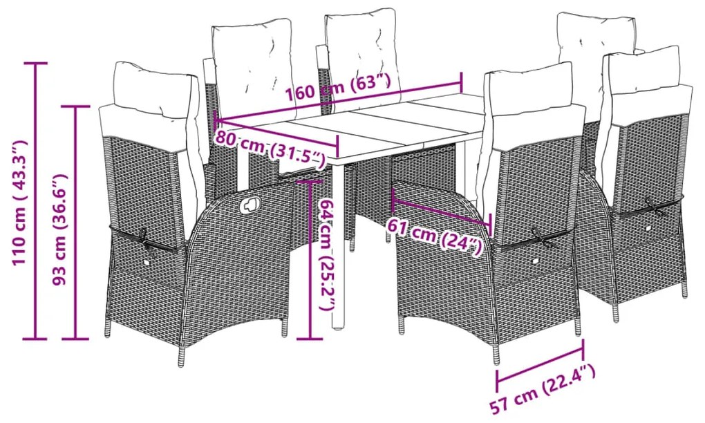 7 pcs conjunto de jantar p/ jardim com almofadões vime PE bege