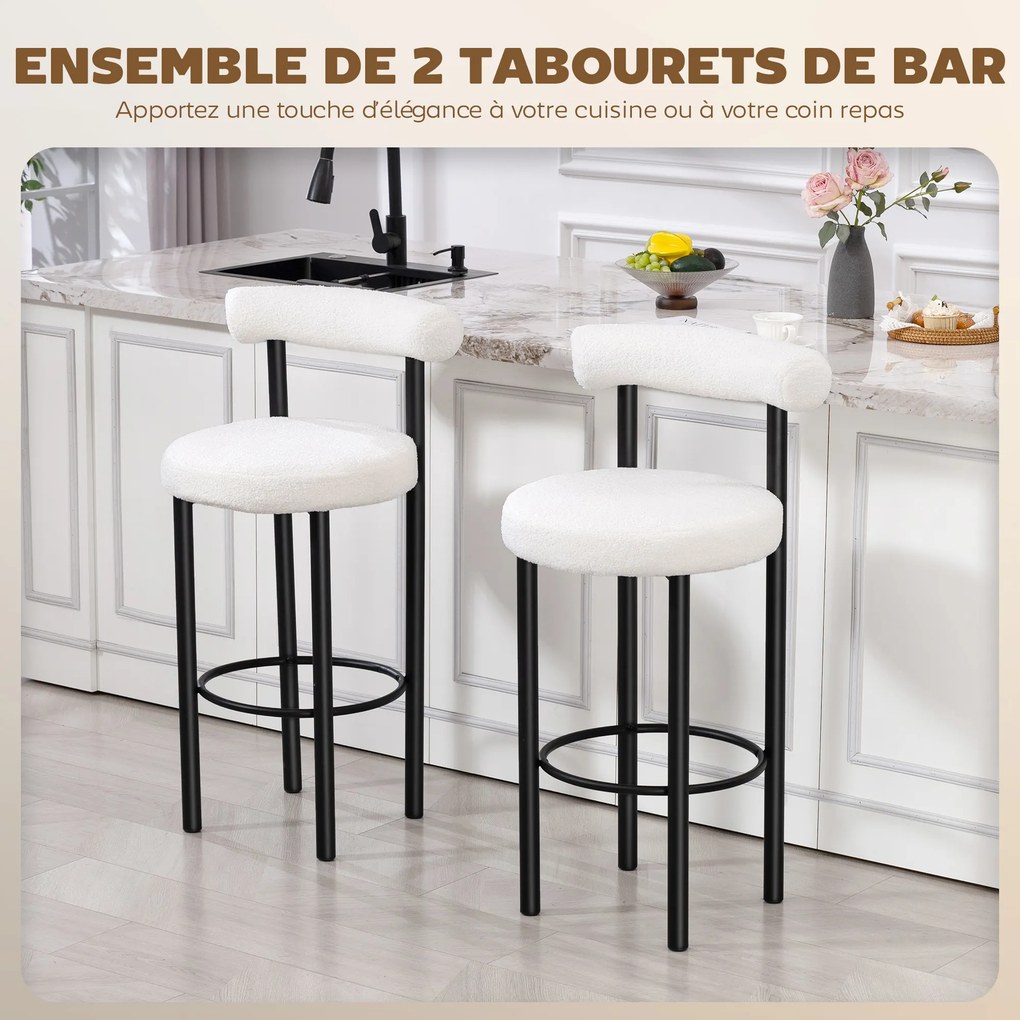 Conjunto de 2 bancos de bar, em tecido felpudo, com encosto curvo e apoio para os pés, 50 x 52,5 x 98 cm, branco Creme