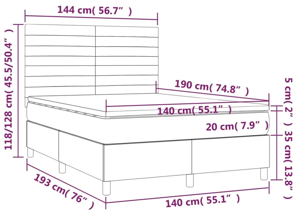 Cama box spring c/ colchão e LED 140x190 cm tecido azul