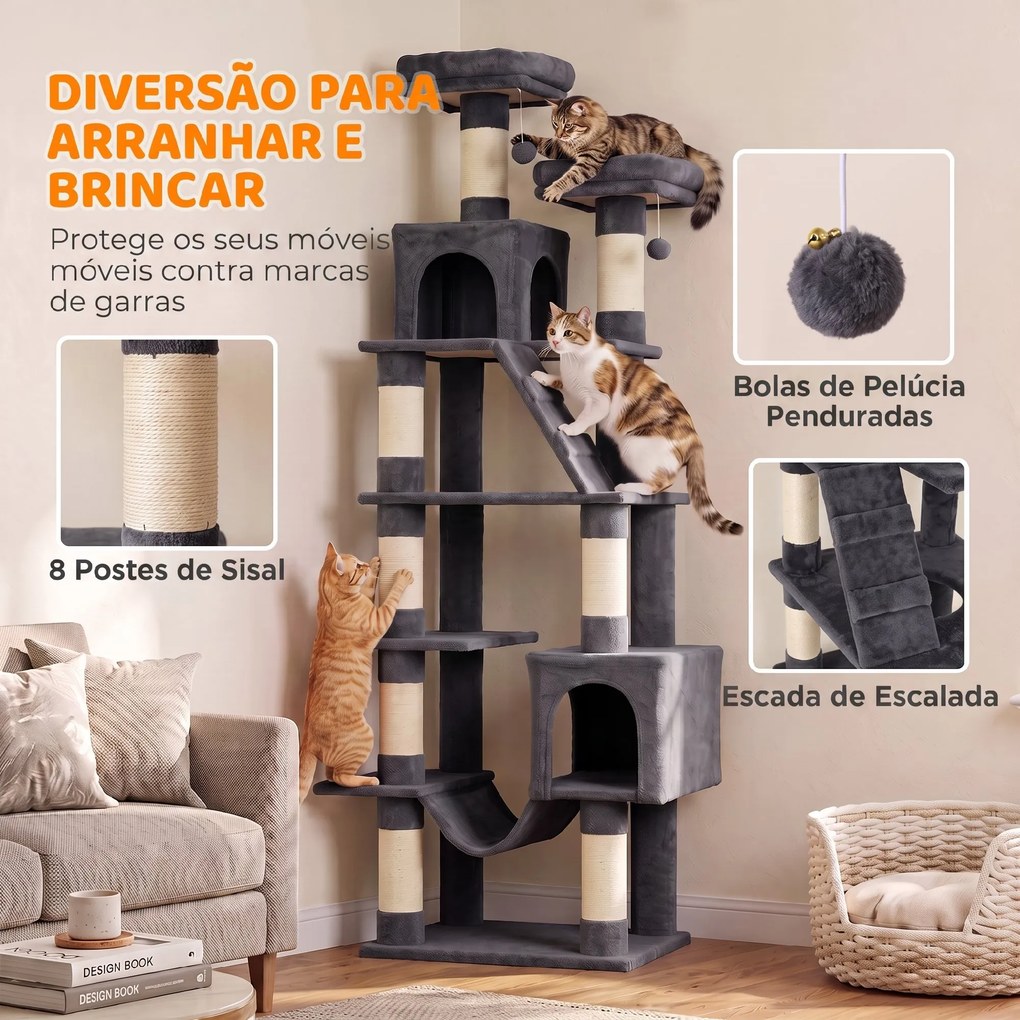 Árvore Arranhadora para Gatos 204 cm Multinível com 2 Tocas Rede 2 Camas Postes de Sisal Escada e 2 Bolas Cinza Escuro