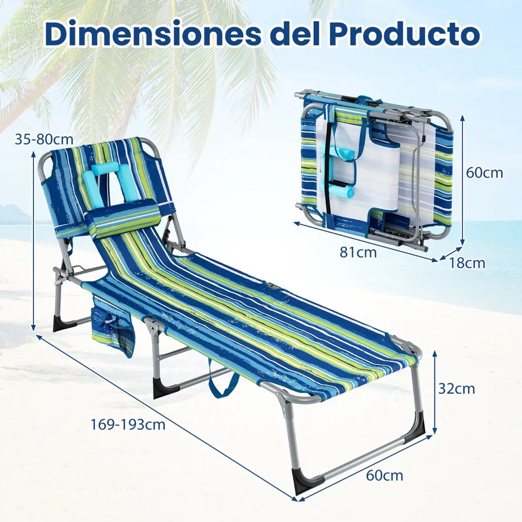 Espreguiçadeira dobrável para exterior, reclinável, com orifícios, apoio para o rosto, braços e encosto ajustável, bolsos, portátil, para praia e pisc