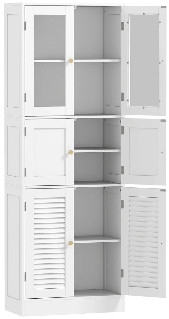 Armário de Casa de Banho Alto com Portas de Vidro Portas de Ripas e Prateleiras Ajustáveis 60x30x170 cm Branco