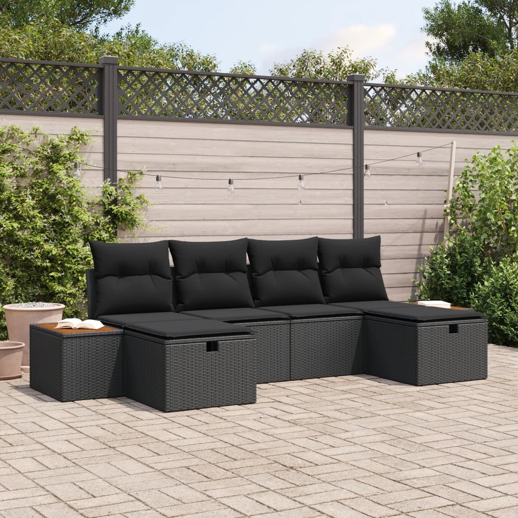 Conjunto de Sofá de Jardim vidaXL de 6 Peças com Almofadas Preto Vime