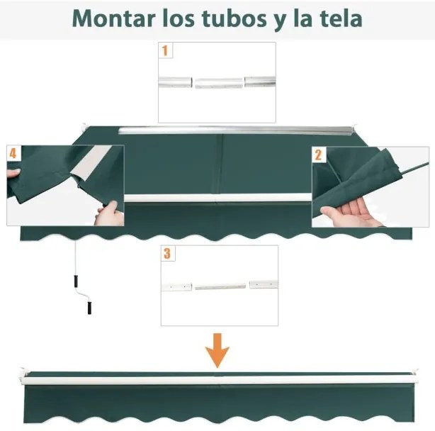 Toldo retrátil 245 x 200 cm com manivela manual em poliéster impermeável, marquise em alumínio para porta de janela verde