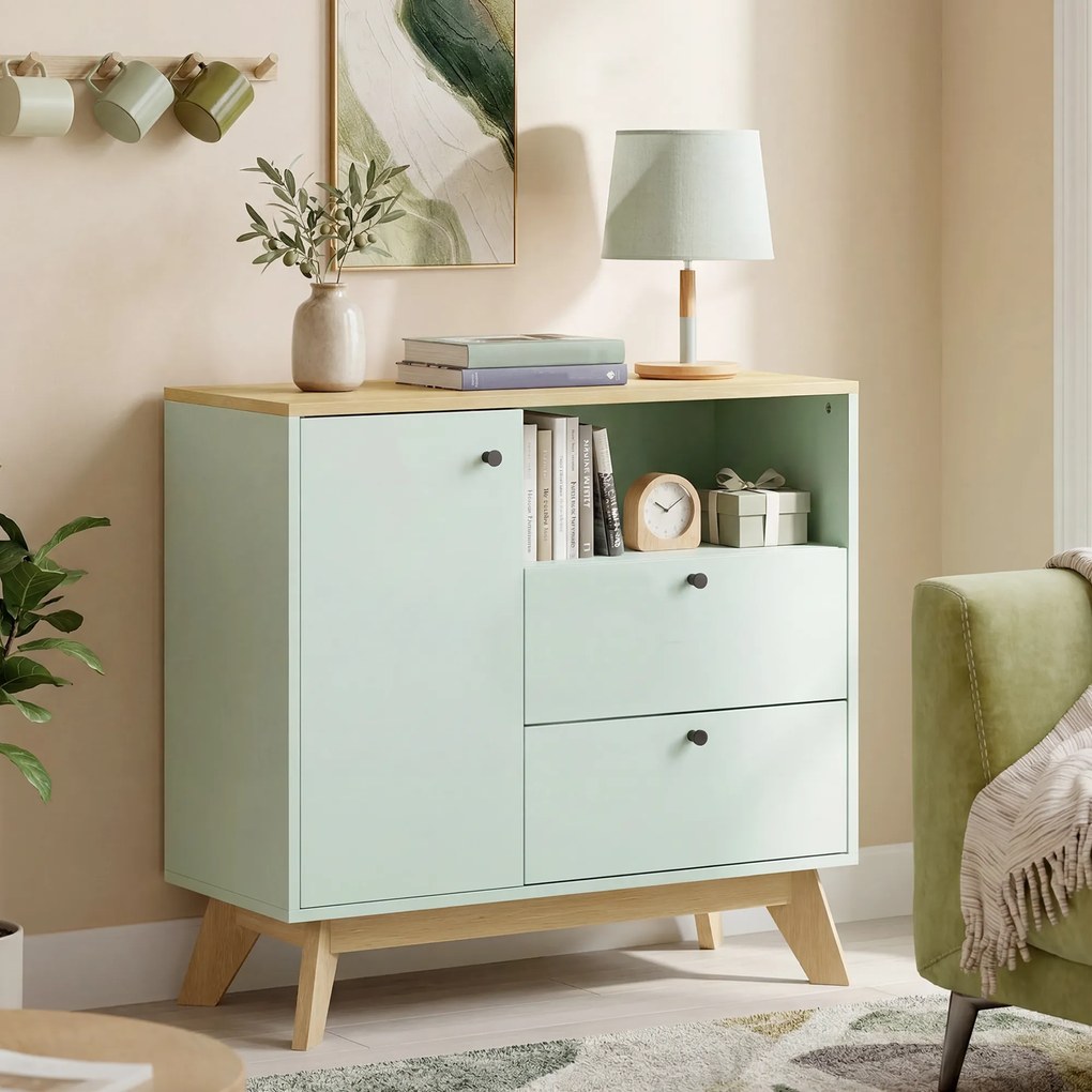 Aparador de sala 80 (L) x 35 (P) x 76,3 (A) cm, móvel de arrumação com porta, 2 gavetas, compartimento aberto e prateleira ajustável, verde claro e co