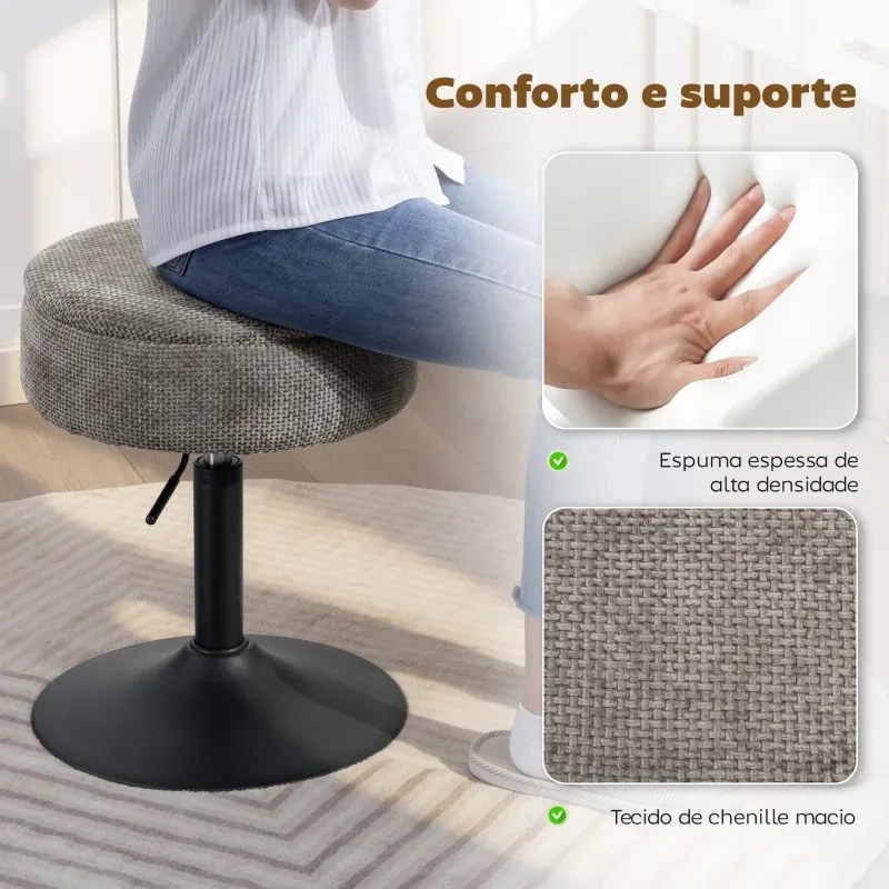 Banco de Bar com Armazenamento Altura Ajustável Giratório Estofado em Chenilla 39x39x49-65 cm Cinzento