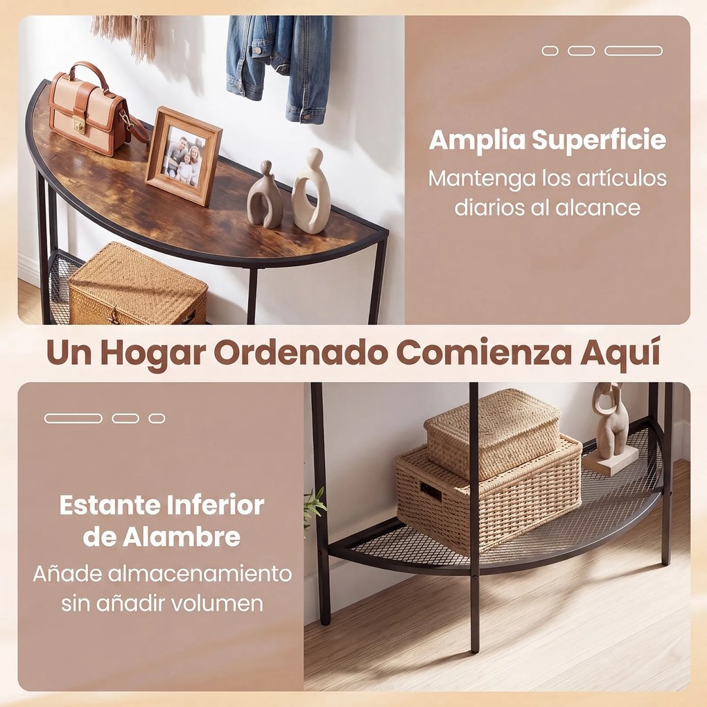 Mesa de Consola Semicircular, 92 x 30 x 80 cm, 2 Níveis de Arrumação, Castanho