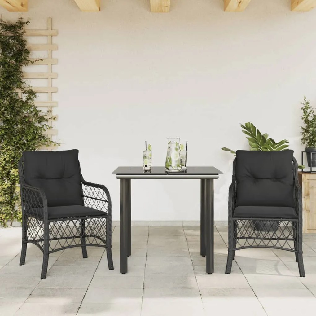 3 pcs conjunto de bistrô com almofadões vime PE preto