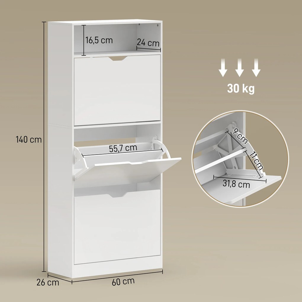 Sapateira Estreita com 3 Gavetas Rebatíveis Prateleiras Ajustáveis e Compartimento Aberto Capacidade para 12-18 Pares Branco