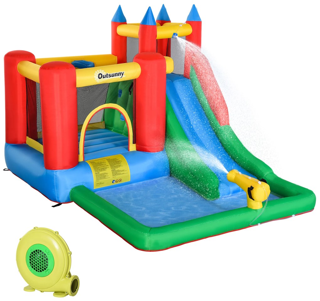 Outsunny Castelo Insuflável com Escorrega Trampolim Piscina e Pistola de Água para Crianças acima de 3 Anos com Inflador e Bolsa de Transporte para Interior Exterior 330x245x215cm Multicor