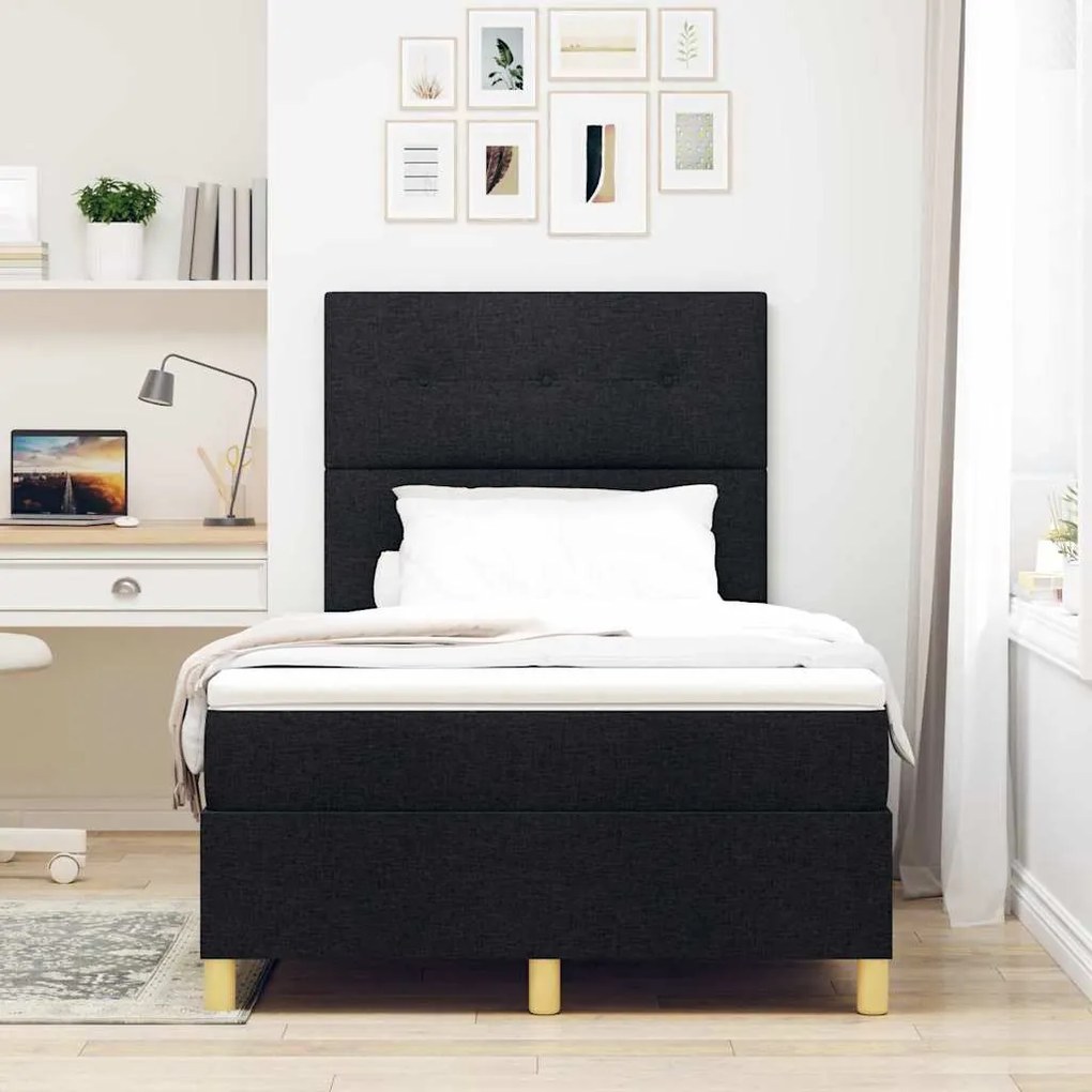 Cama Box Spring com Colchão &amp; LED Preto 120x190 cm Tecido
