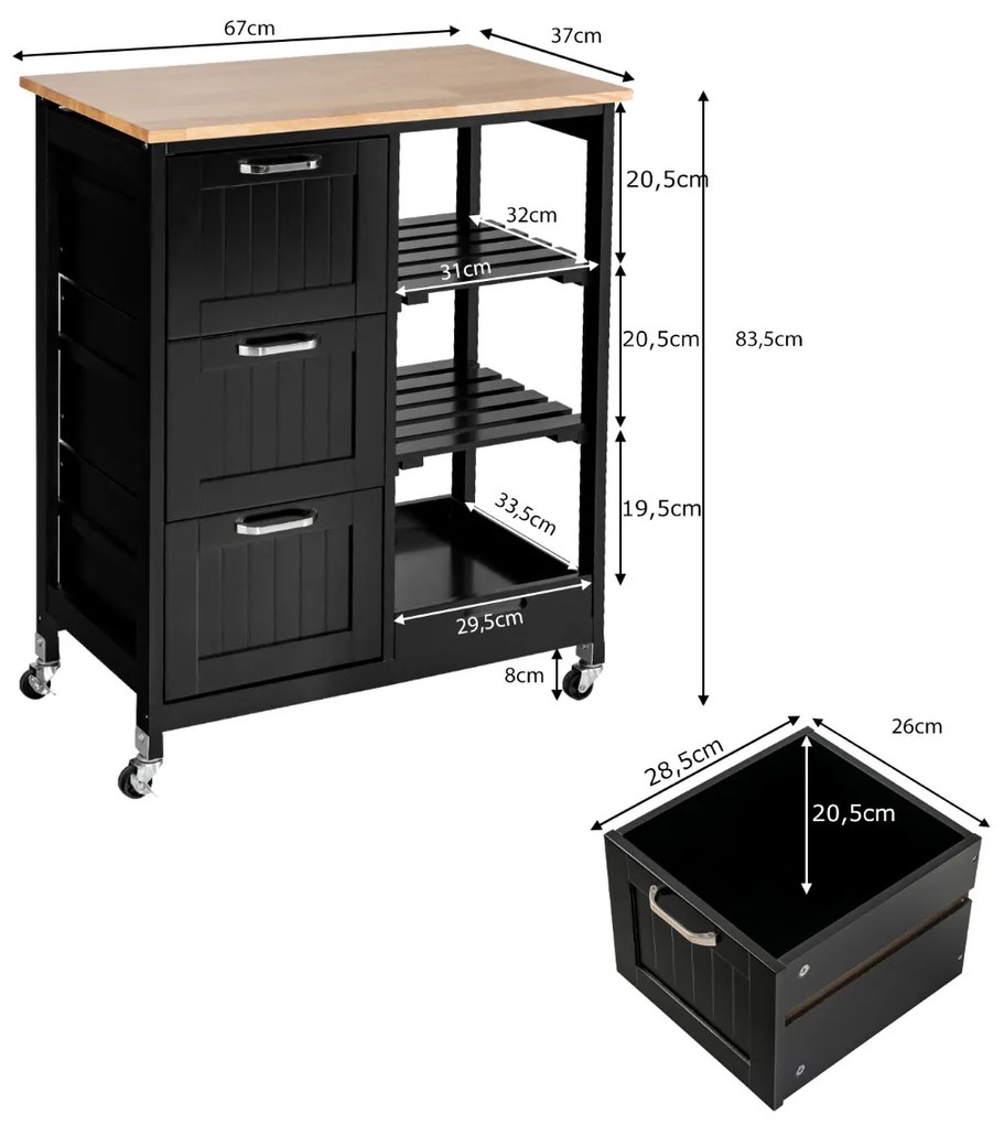 Carrinho de cozinha com rodas Bandeja de ilha de serviço de jantar 2 prateleiras e 3 gavetas Grande arrumação 67 x 37 x 83,5 cm Preto