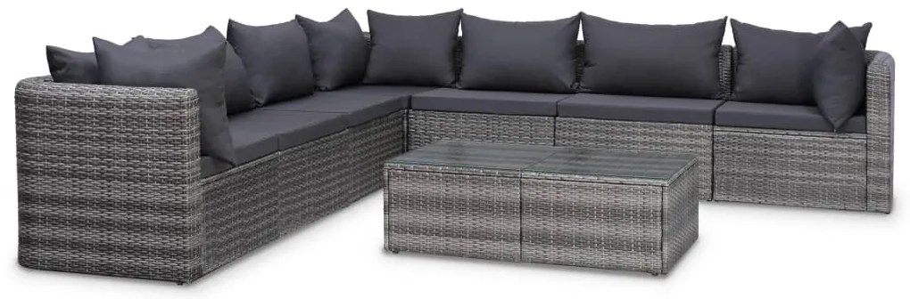 8 pcs conjunto lounge de jardim c/ almofadões vime PE cinzento