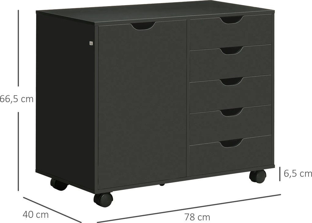 Arquivador de escritório de secretária com 5 gavetas 78 x 40 x 66,5 cm, 1 porta e prateleira ajustável, suporte para impressora com rodas, preto