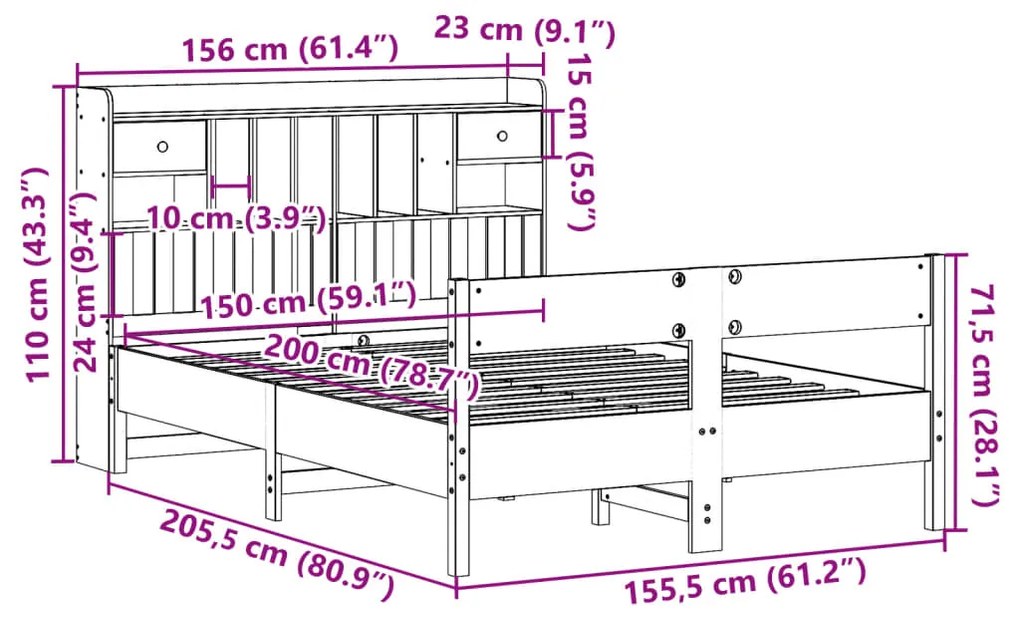Cama com estante sem colchão 150x200 cm pinho maciço