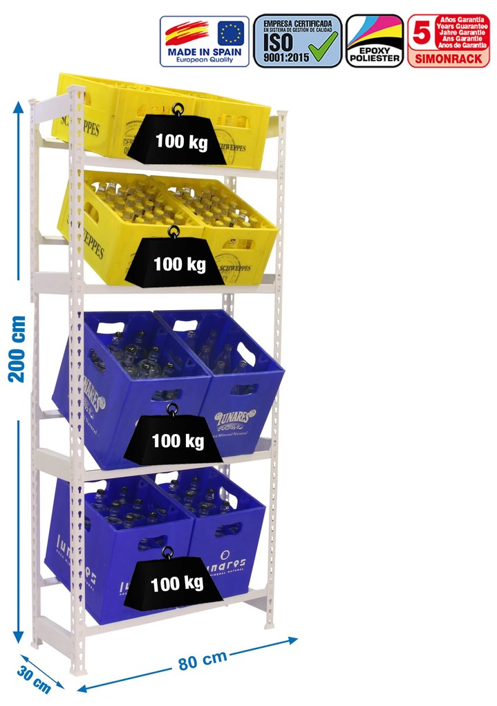 Estante Bedidas 4 Prateleiras SIMONBOTTLE 4-2000X800X300 BRANCO Jardim, Casa, Escritório, Garagem, Oficina Capacidade 100 Kg Dimensões 2000x800x300 mm