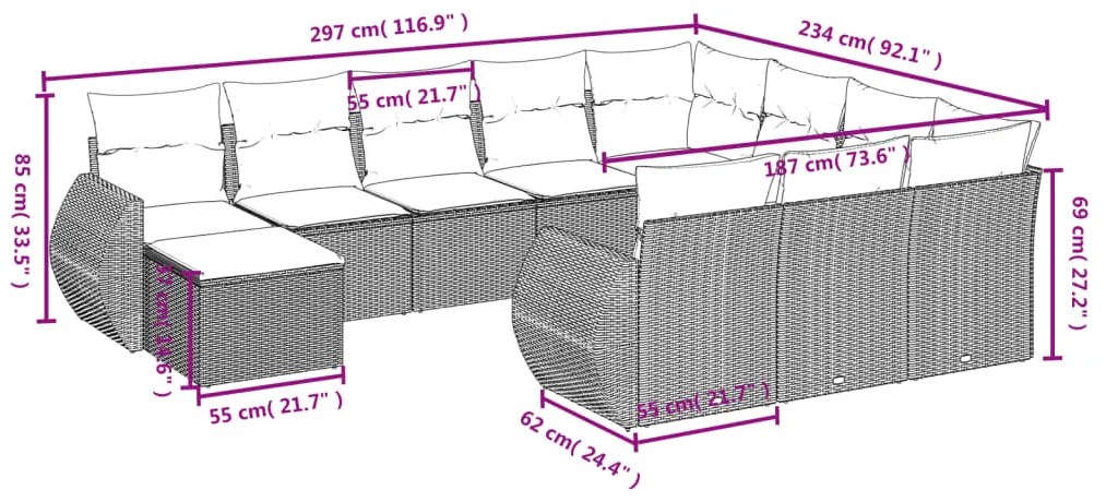 11 pcs conjunto sofás de jardim c/ almofadões vime PE preto