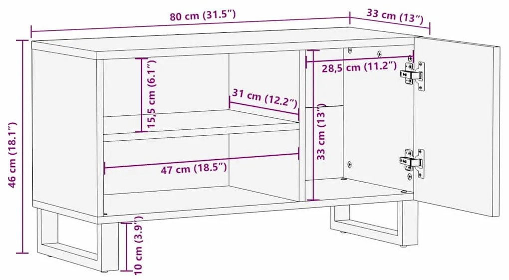 Estante de TV – 80 x 31,5 x 46 cm em Madeira Sólida e Madeira de Engen