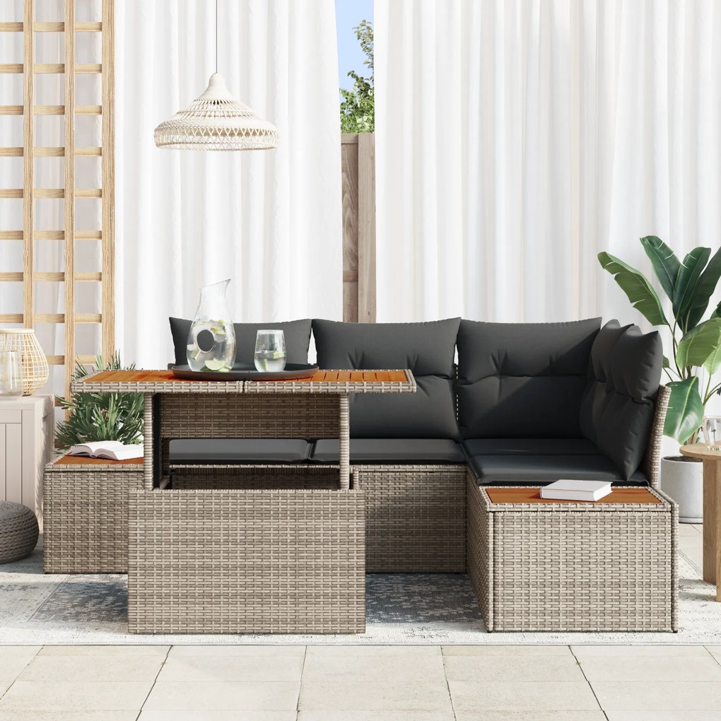 Conjunto de Jantar de 5 Peças para Jardim com Almofadas Cinzas de Poli