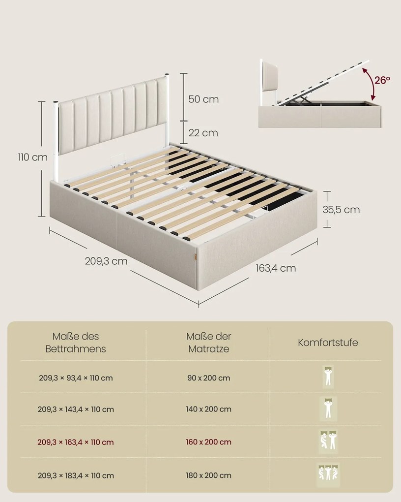 Estrutura de cama 160 x 200 cm (COLCHÃO NÃO INCLUIDO) com arrumação sob a cama; cabeceira em bege cappuccino