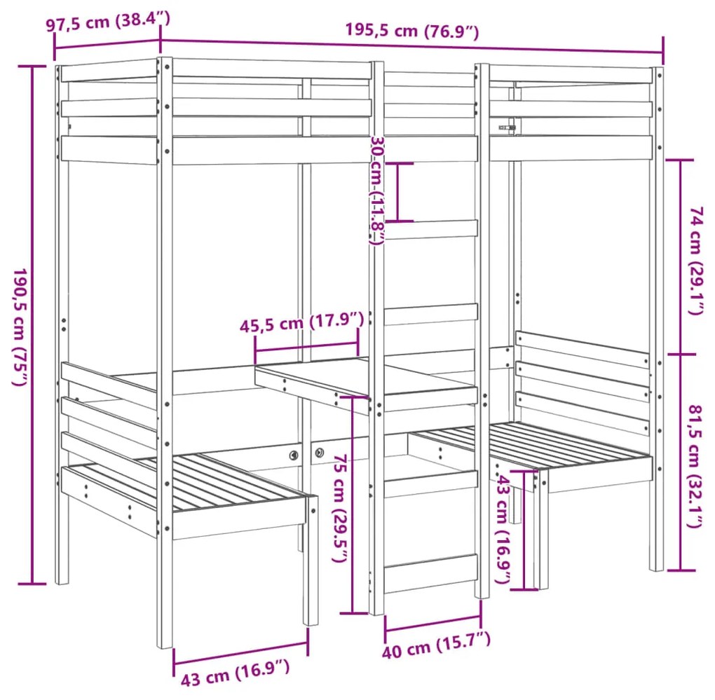 Cama alta c/ secretária/cadeiras 90x190 cm pinho maciço branco