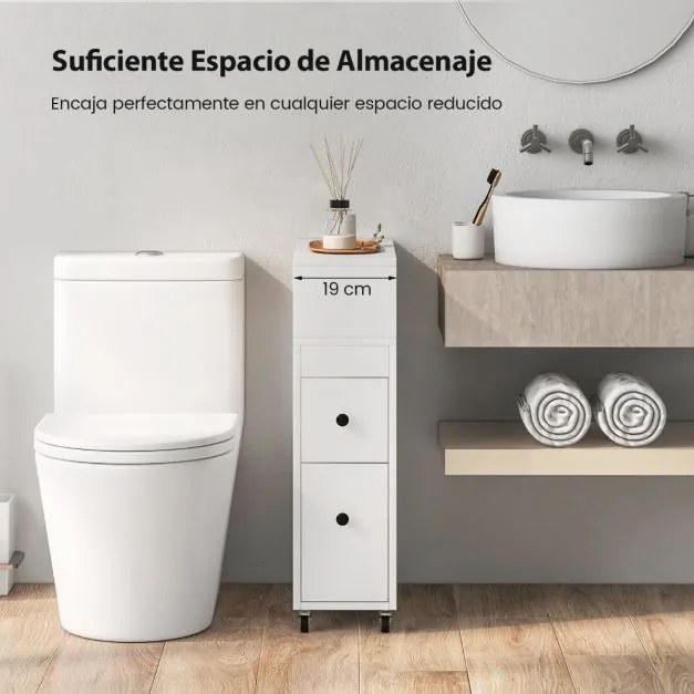 Armário de casa de banho móvel com rodas com gavetas deslizantes Cestos de vime extraíveis Suporte para escovas de sanita 50 x 19 x 72 cm Branco