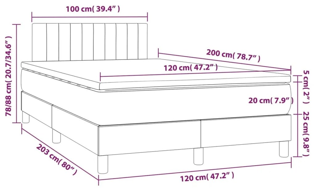 Cama box spring colchão/LED 120x200cm tecido cinza-acastanhado