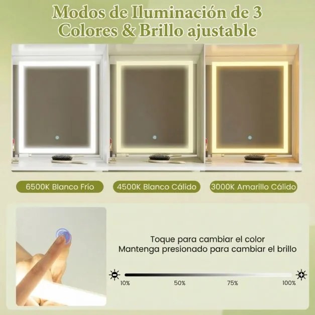 Toucador com Espelho e Iluminação com Tomadas 3 Modos de Iluminação Brilho Ajustável Branco