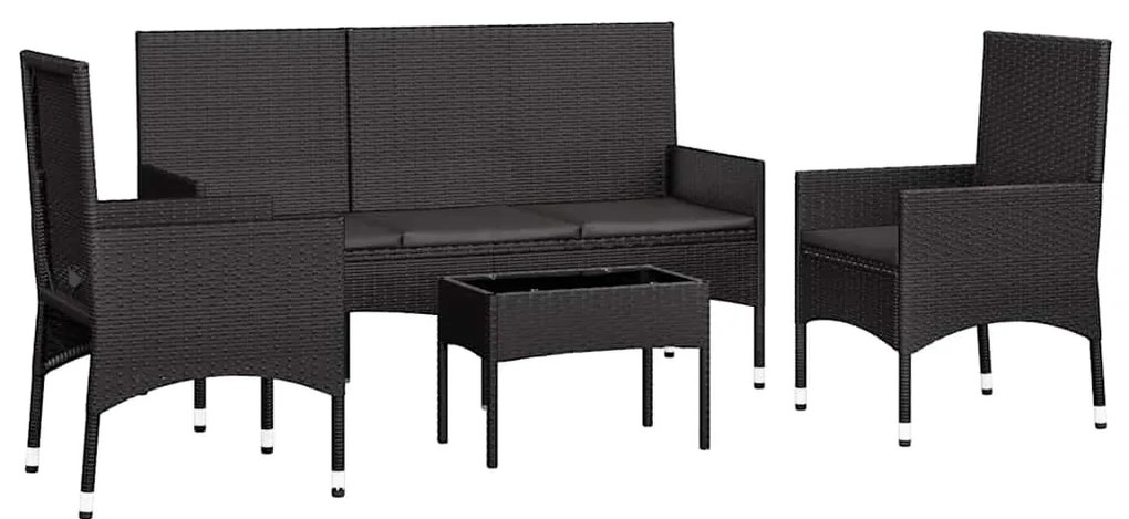 4 pcs conjunto lounge de jardim c/ almofadões vime PE preto