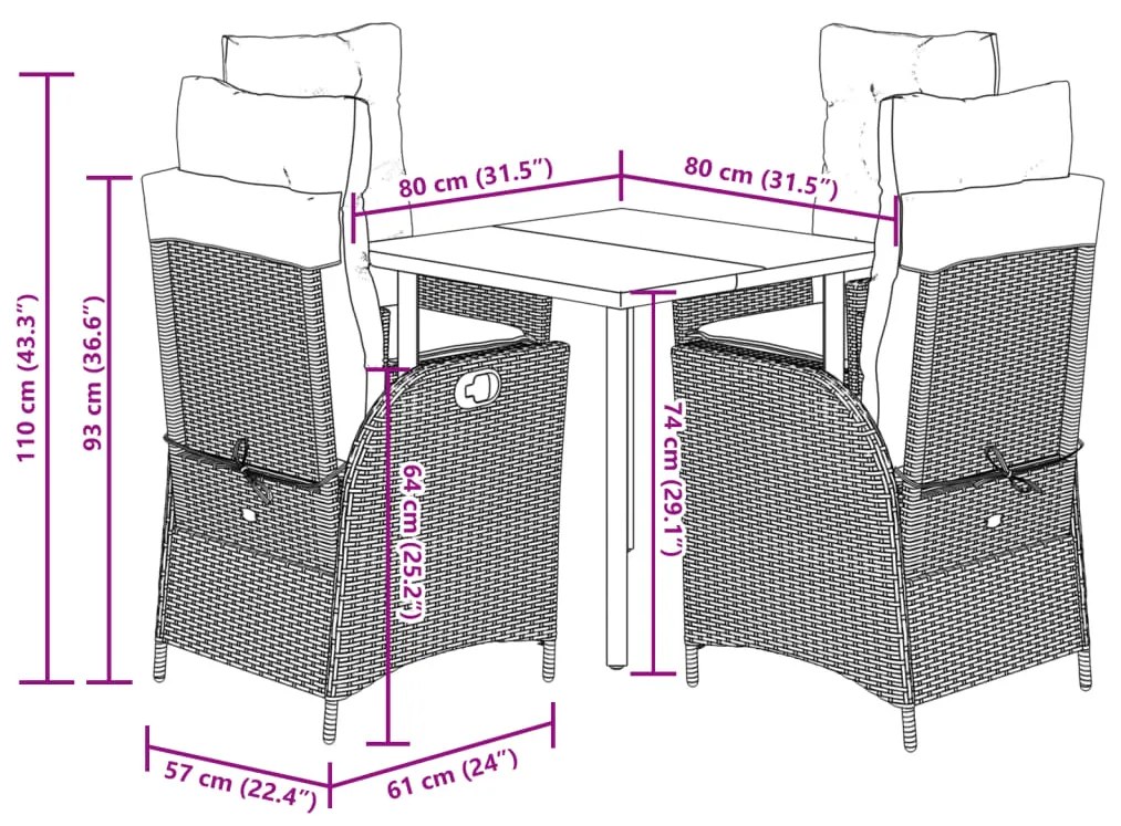 5 pcs conjunto de jantar p/ jardim com almofadões vime PE bege