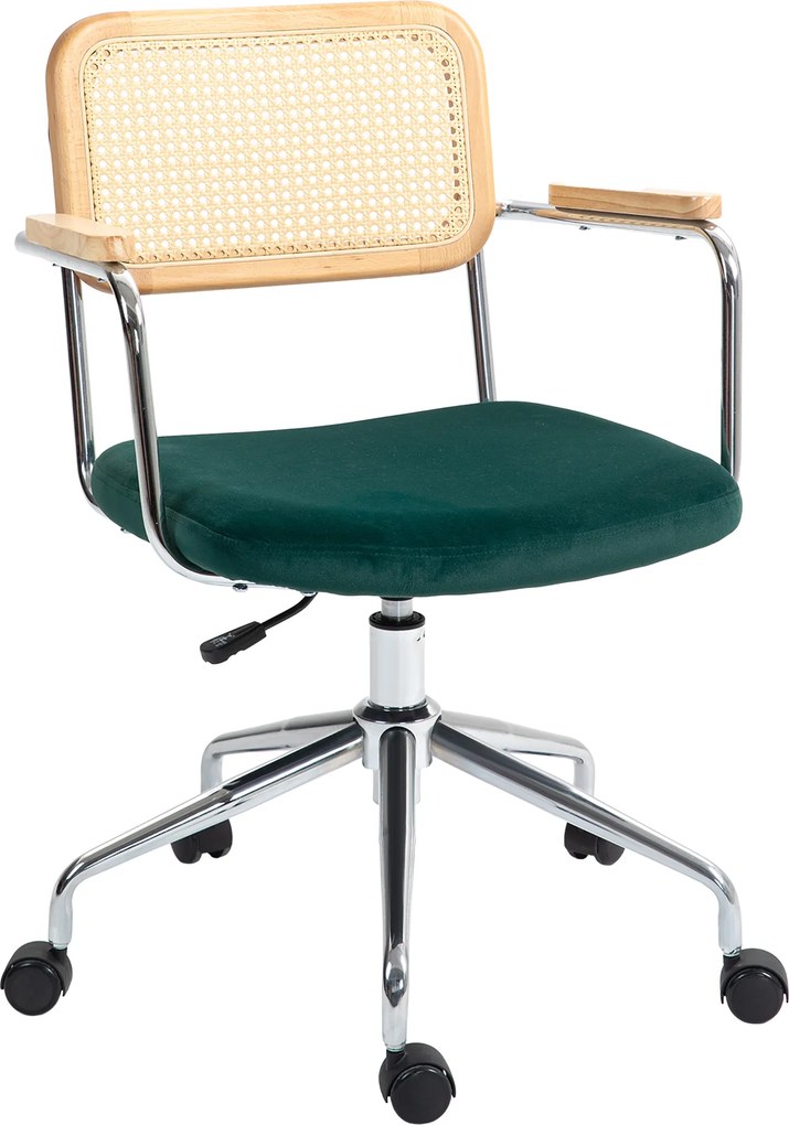 HOMCOM Cadeira de escritório, design boho, apoios de braços em madeira, giratória, ajustável, até 120 kg, aço, verde | Aosom Portugal