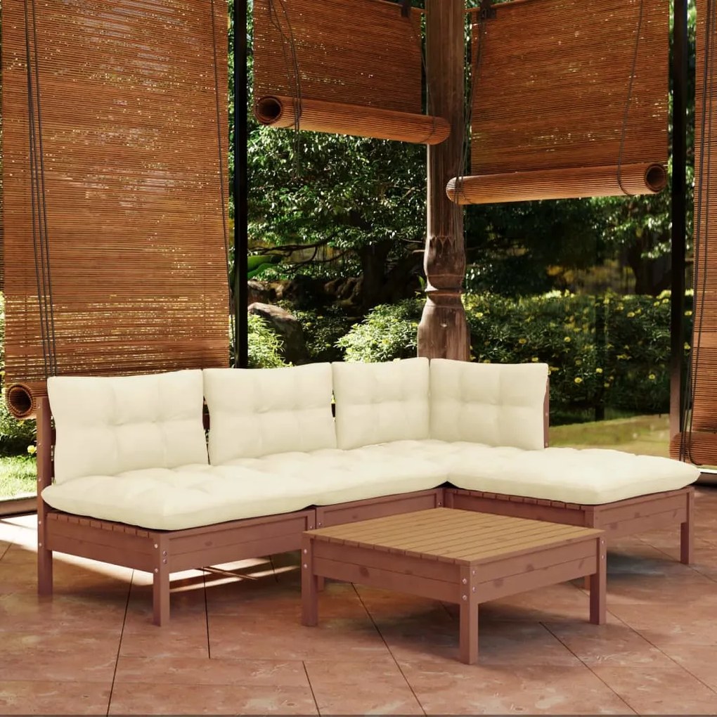 vidaXL 5pcs conj. lounge jardim + almofadões pinho maciço castanho-mel