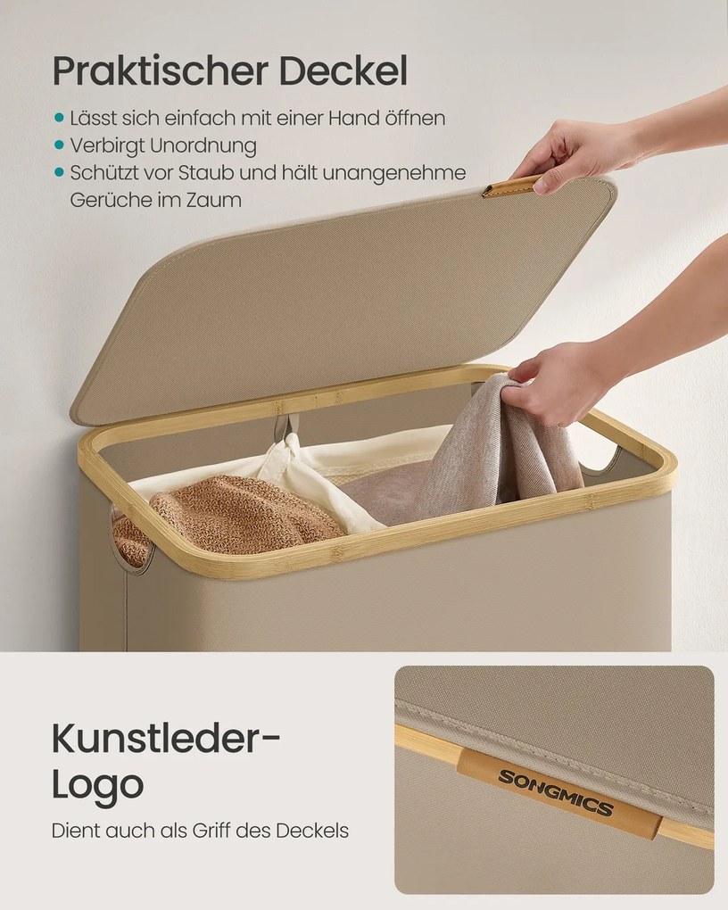 Cesto da roupa suja com dois compartimentos em tecido Oxford 52 x 38,5 x 70,5 cm castanho camelo