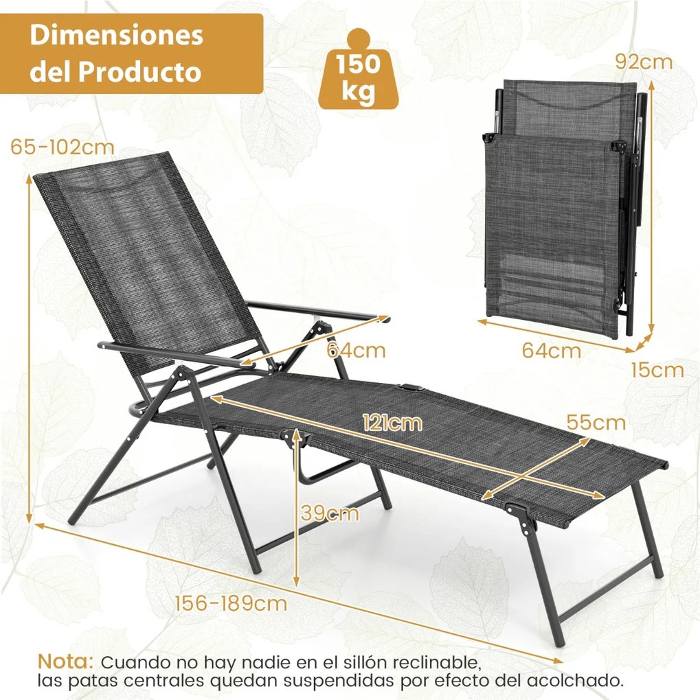 Conjunto de 2 espreguiçadeiras jardim dobráveis com encosto de 6 níveis Assento respirável Tecido Estrutura metálica 189 x 64 x 102 cm Cinzento