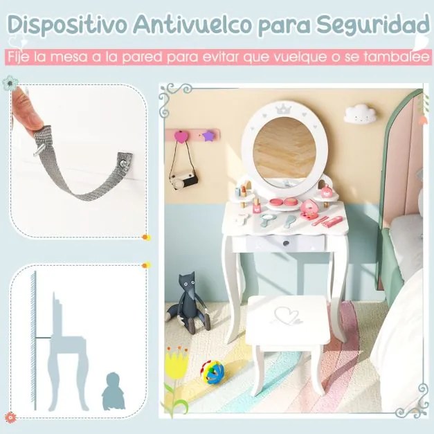 Conjunto de Toucador Infantil de Madeira 2 em 1 com Banco e Espelho Destacável com Gaveta Mesa de Maquilhagem para Raparigas com Cadeira Branco