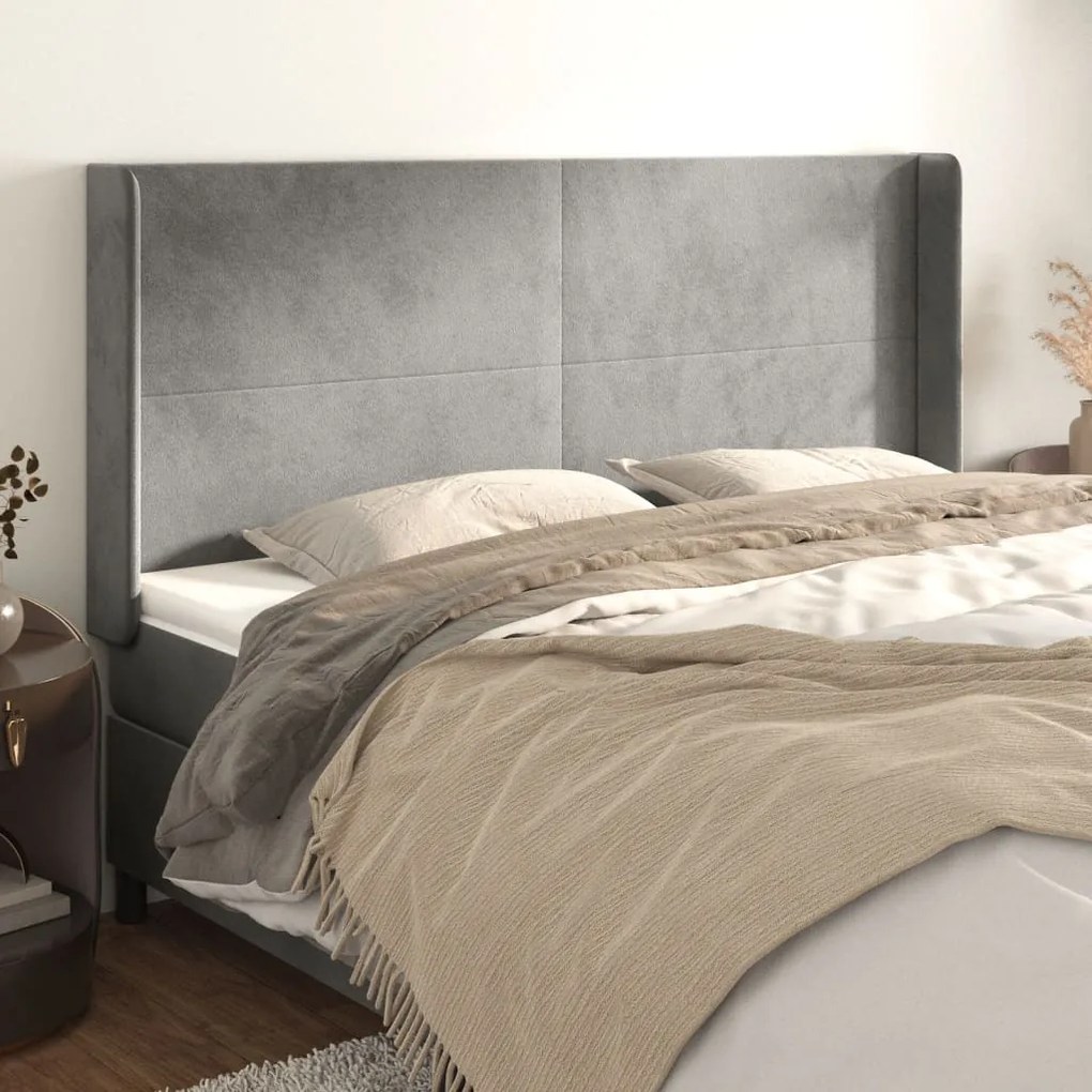 vidaXL Cabeceira cama c/ abas veludo 163x16x118/128 cm cinzento-claro