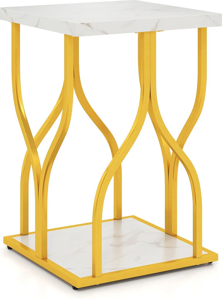 Mesa de apoio Quadrada, 39,5 x 39,5 x 59,5 cm, 2 Níveis de Arrumação imitação mármore, Dourado