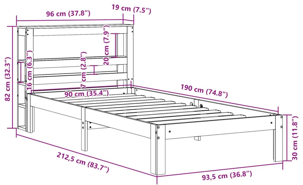 Estrutura de cama com cabeceira 90x190 cm pinho maciço