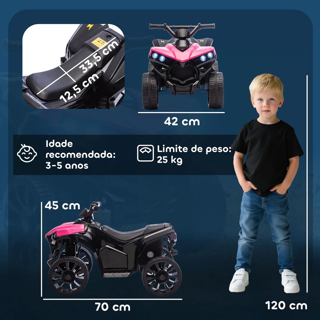 Moto 4 elétrica para Crianças 6 V Quadriciclo para Crianças com Velocidade até 3 km/h Faróis e Música 70x42x45 cm Rosa