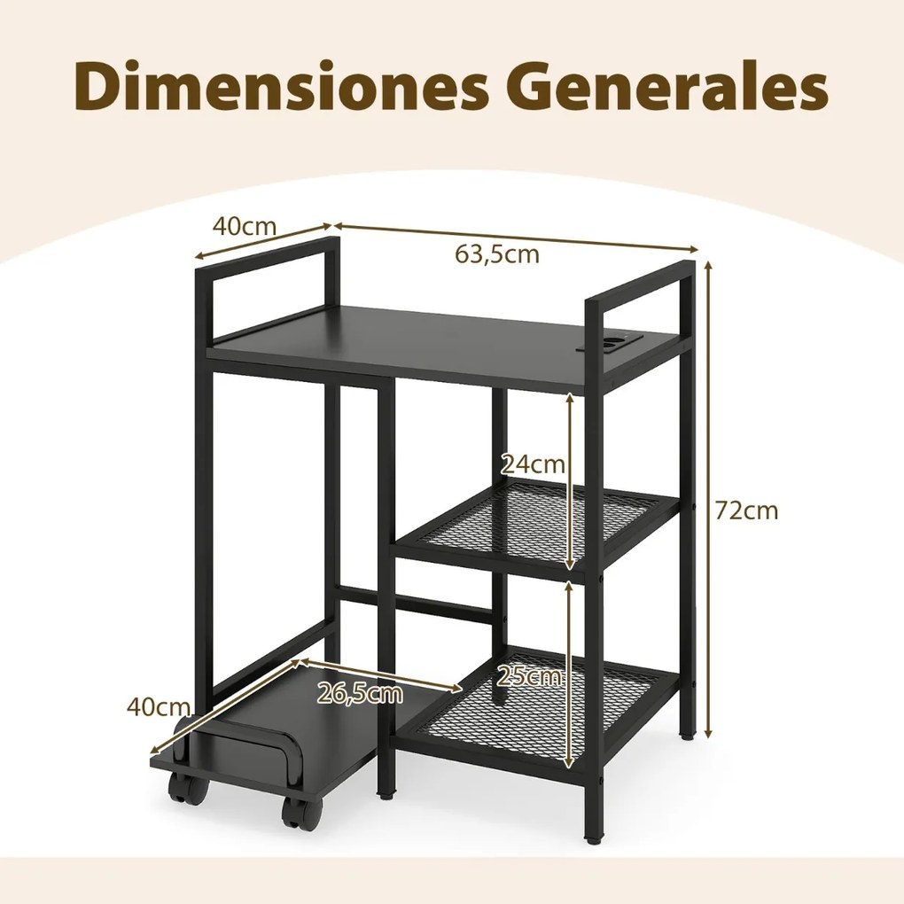 Suporte para impressora 63,5 x 40 x 72 cm com estação de carregamento de 3 níveis com rodas bloqueáveis Preto