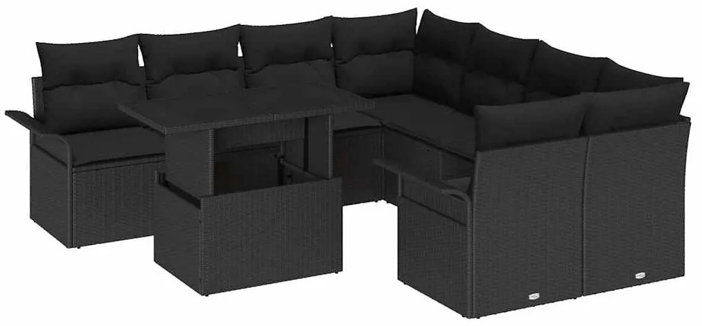 Conjunto de Sofá de Jardim vidaXL com Almofadas Preto Rattan Poliéster