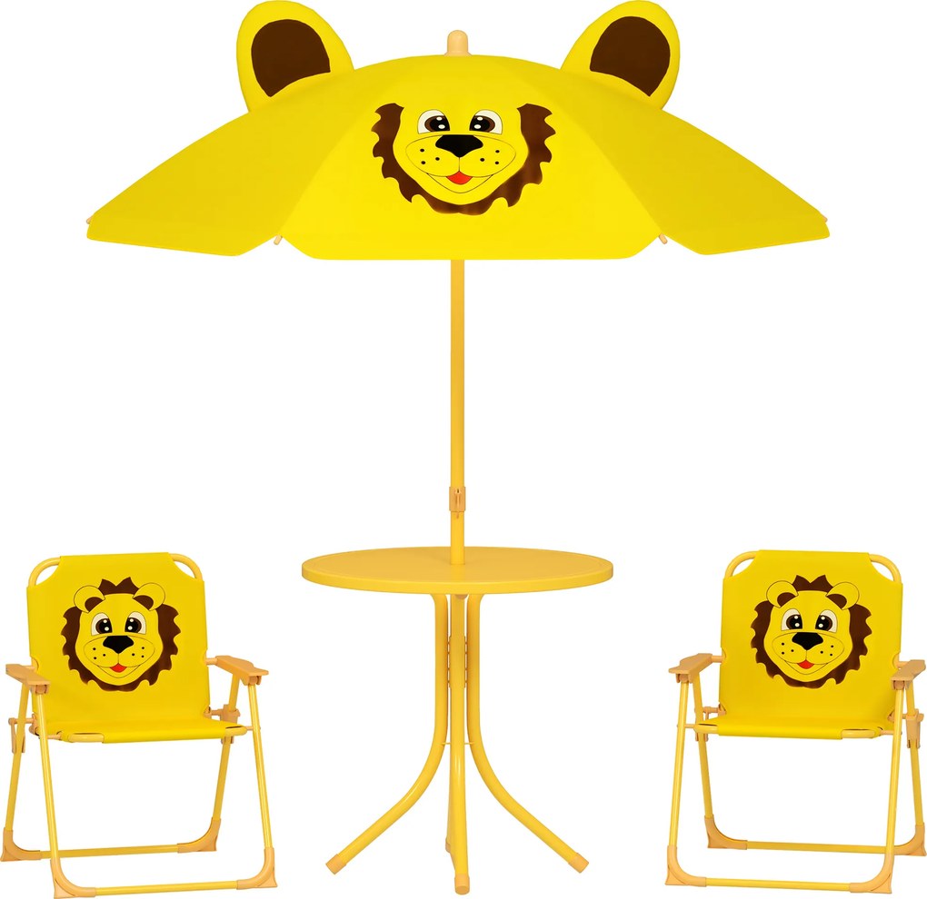 AIYAPLAY Conjunto de mobiliário para crianças, cadeiras, mesa, guarda-sol, design de leão, Amarelo | Aosom Portugal