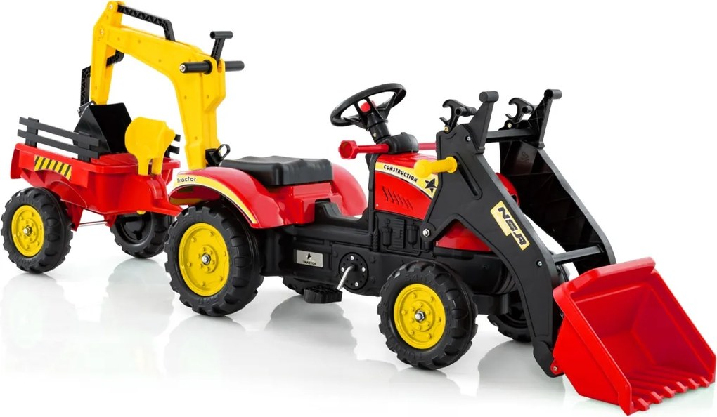 Trator escavadora de brincar com 6 rodas, pedais e reboque de carga desmontável para crianças dos 3 aos 6 anos