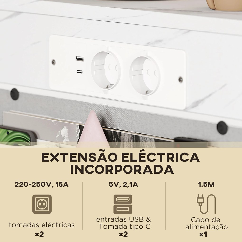 Mesa Auxiliar com Estação de Carga Mesa Lateral com 2 Entradas USB 1 Entrada USB-C e Bolsa Organizadora 25,5x40x71 cm Branco