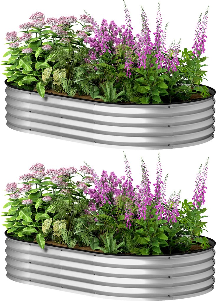 Conjunto de 2 floreiras elevadas em aço galvanizado 152 x 91 x 30 cm, kit de floreiras de jardim com rebordo em borracha, prateadas