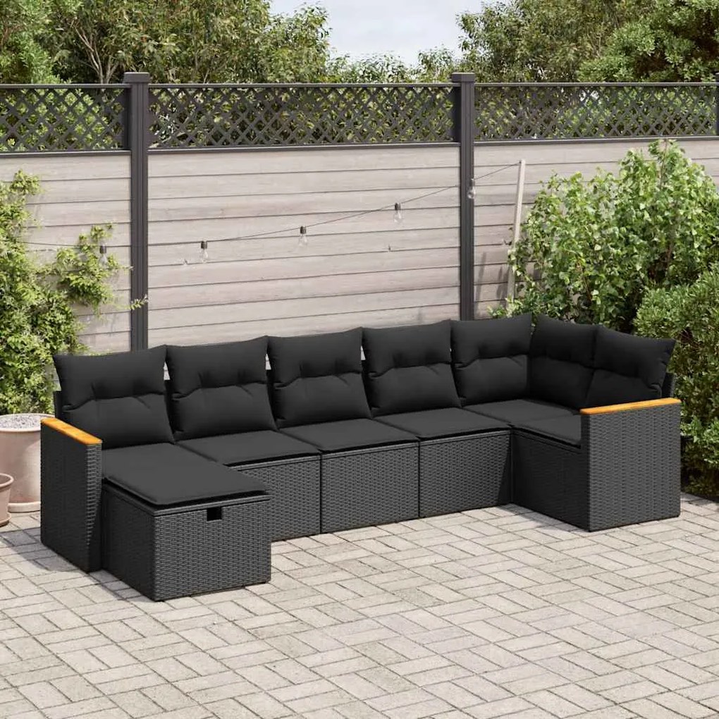 7 pcs conjunto de sofás p/ jardim c/ almofadões vime PE preto