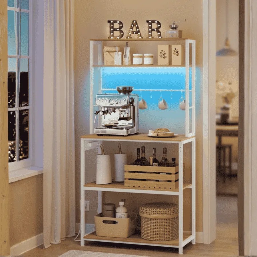 Armário de cozinha com iluminação e 3 tomadas, 1 porta USB-A e 1 porta USB-C 40 x 80 x 168,4 cm Branco e natural
